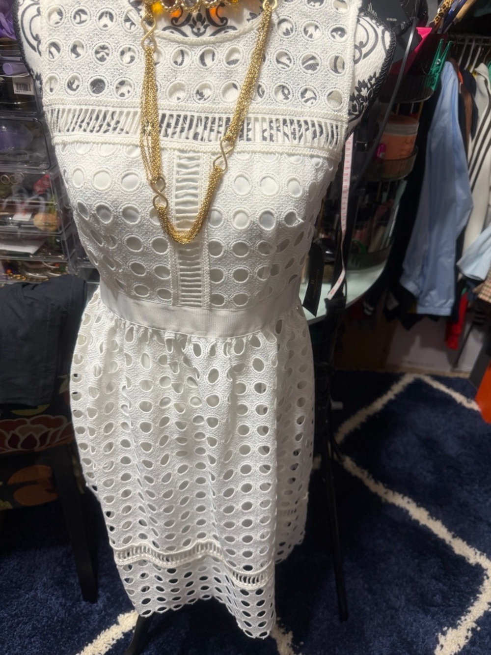 White Eyelet Midi Dress with Fitted Waist